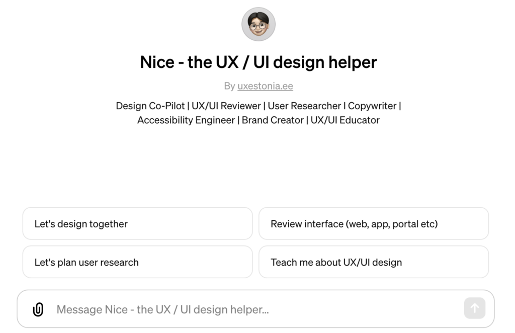 The image displays a user interface of a chat service named "Nice - the UX / UI design helper."