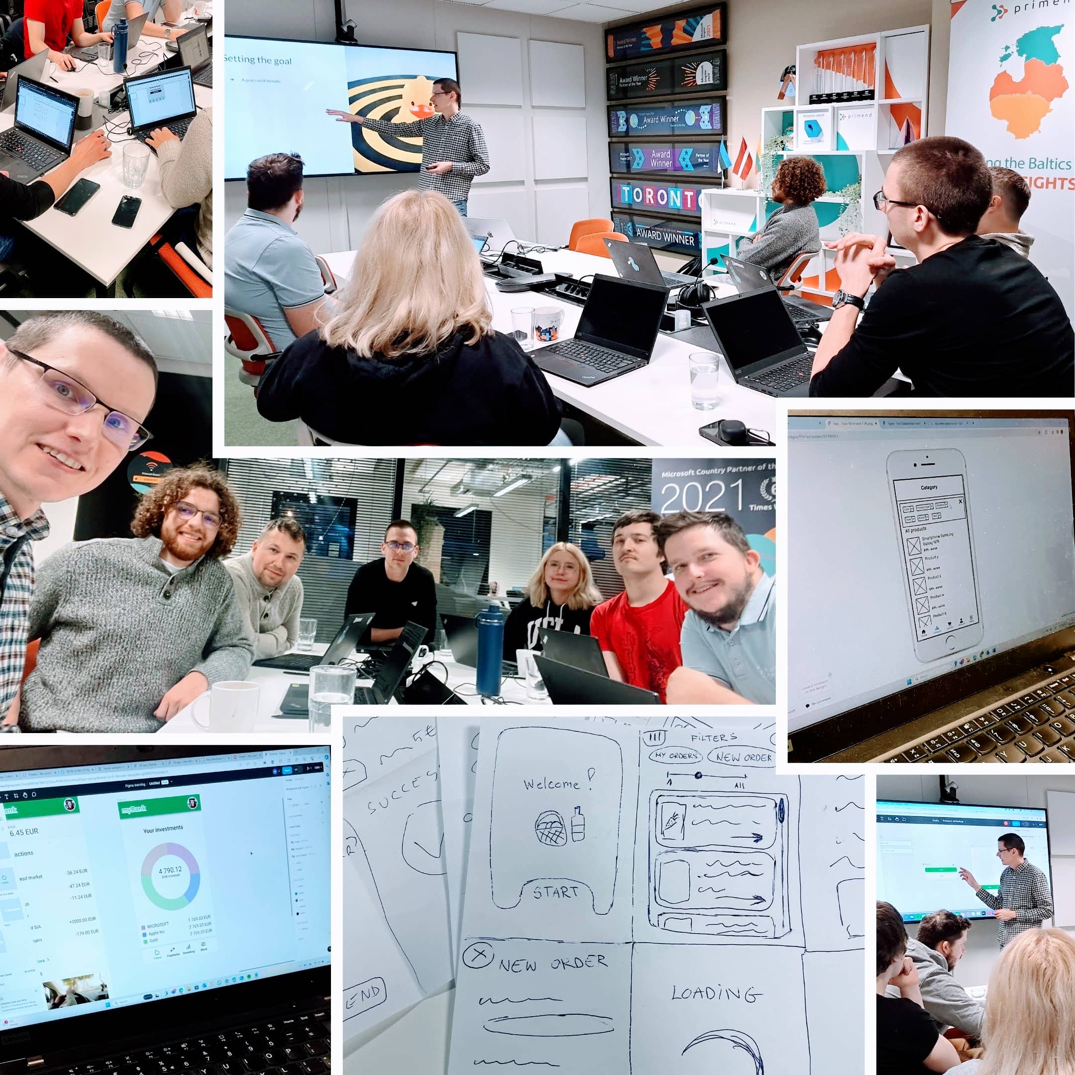 Photo collage from our workshop including pictures from low- and high-fidelity prototype designs, the participants actively listening to the presentation, a group photo of the team etc.