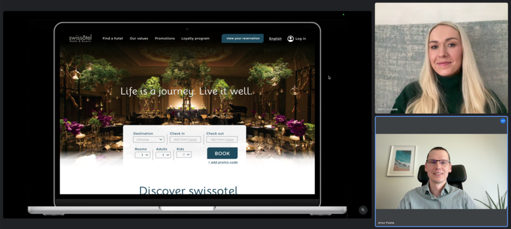 Artur ja Mari-Liis Google Meet videokõnes. Mari-Liis presenteerib Swissoteli avalehe redisaini tööd.