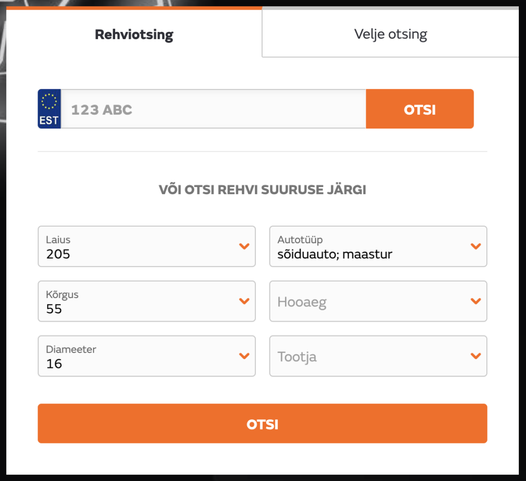 Rehviotsingu vorm autole. Ülaosas on otsinguväli numbrimärgi sisestamiseks ja nupp "OTSI". Allpool on alternatiivne otsinguvõimalus rehvi mõõtude järgi, kus saab valida laiuse, kõrguse, diameetri, autotüübi, hooaja ja tootja. Vormi all on suur oranž otsingunupp "OTSI".