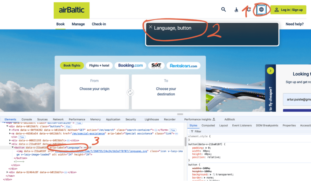 A screenshot of the airBaltic homepage, with the screen reader open and the Inspect element tool above it. A few dots have been drawn on it with a marker, which are described in text below.