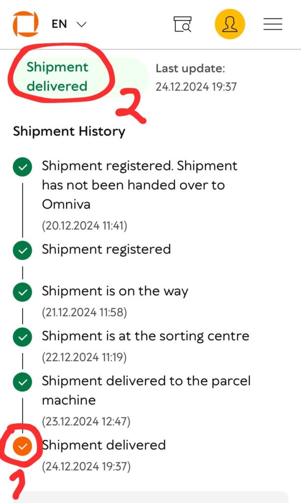 Parcel tracking journey on the Omniva page.