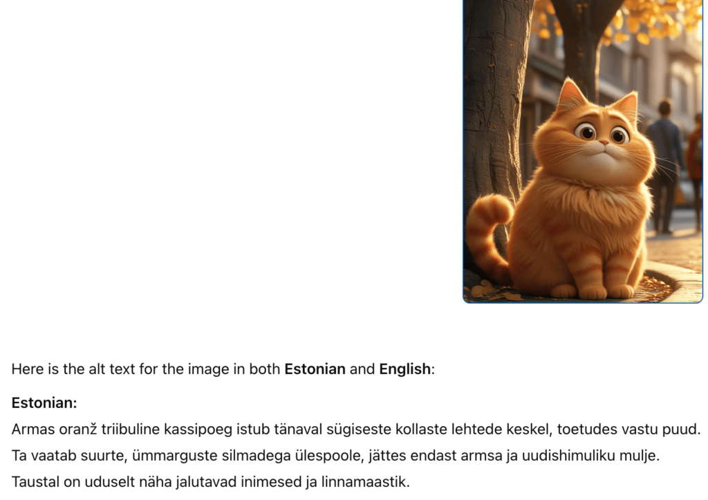 Screenshot of the AI assistant's chat window, where the AI provides a description of a cat image:
"A cute orange striped kitten sits on the street amidst autumn yellow leaves, leaning against a tree. It looks upward with big, round eyes, giving off an adorable and curious impression. In the background, people can be vaguely seen walking, with an urban landscape."