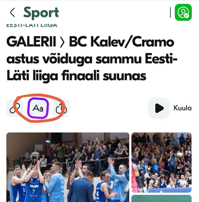 Ekraanikuva artiklist, mille juures nupp teksti suuruse muutmiseks.