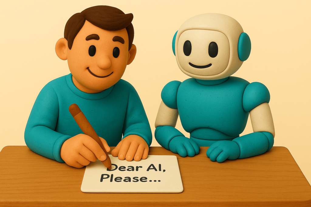 Illustration of a smiling human and a humanoid robot sitting outdoors at a wooden table. The human is writing "Dear AI, please..." while the robot watches supportively. Scenic landscape with trees and hills in the background.