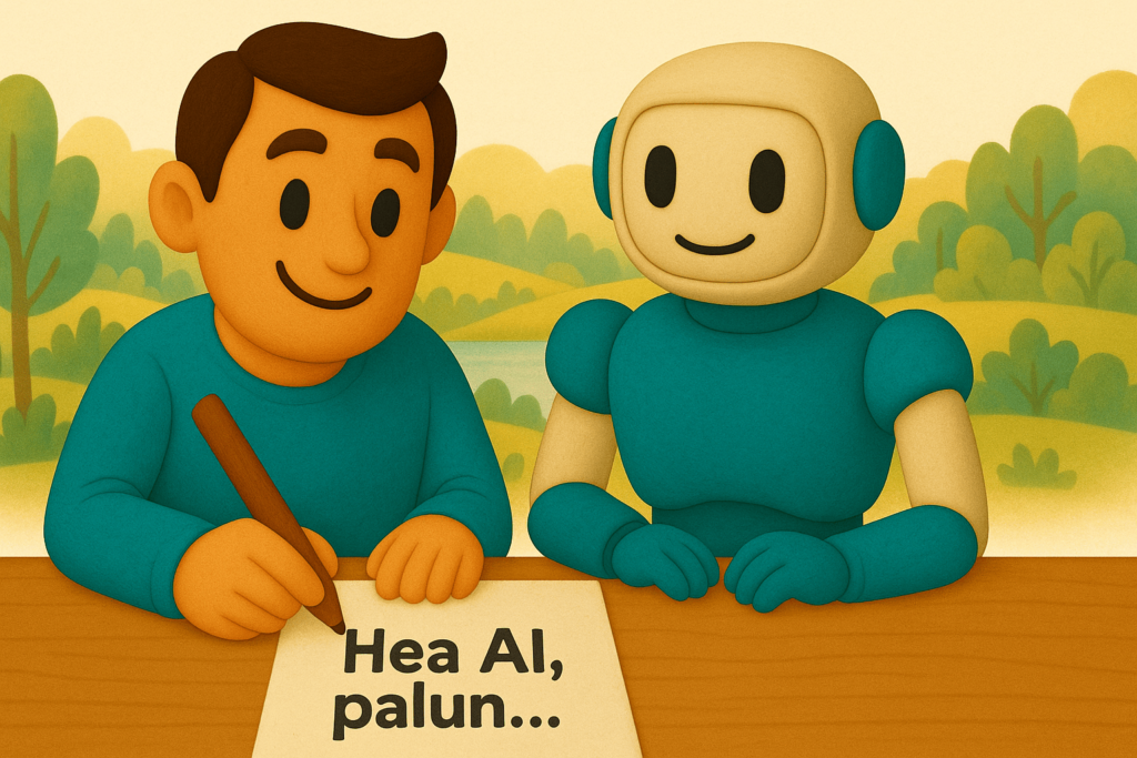 Illustratsioon naeratavast inimesest ja humanoidsest robotist, kes istuvad õues puidust laua taga. Inimene kirjutab paberile lause "Hea AI, palun...", samal ajal kui robot vaatab toetavalt pealt. Taustal on maaliline maastik puude ja künkliku maaga.