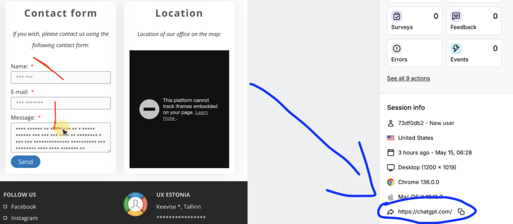 The image shows how a user landed on UX Estonia’s contact page via ChatGPT, as seen in Hotjar analytics.