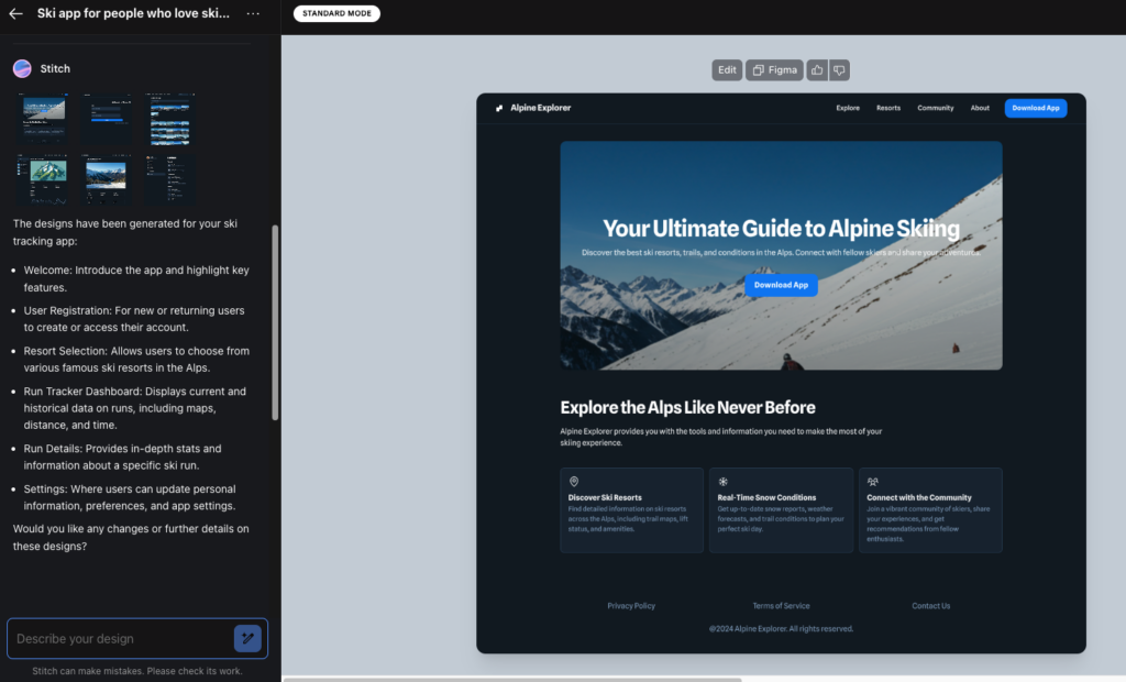 Screenshot of the Stitch app: AI chat on the left, a generated website for skiers on the right.