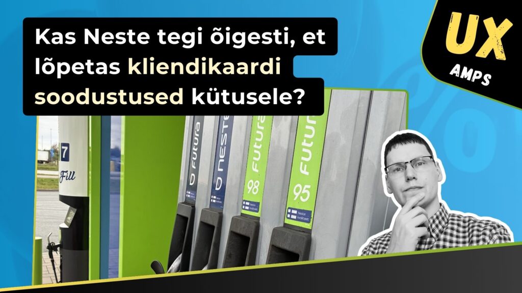 Digitaalne graafika pealkirjaga: “Kas Neste tegi õigesti, et lõpetas kliendikaardi soodustused kütusele?” Vasakul on Neste kütusepumbad siltidega “Futura 98” ja “Futura 95.” Paremal pool on mustvalge pilt prillidega mehest mõtliku ilmega. Üleval paremas nurgas on must-kollane silt tekstiga “UX Amps.”