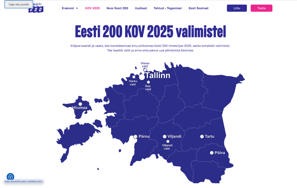 Ekraanipilt Eesti 200 avalehe ülemisest osast, kus on nähtav ka "Liigu sisu juurde" nupp.