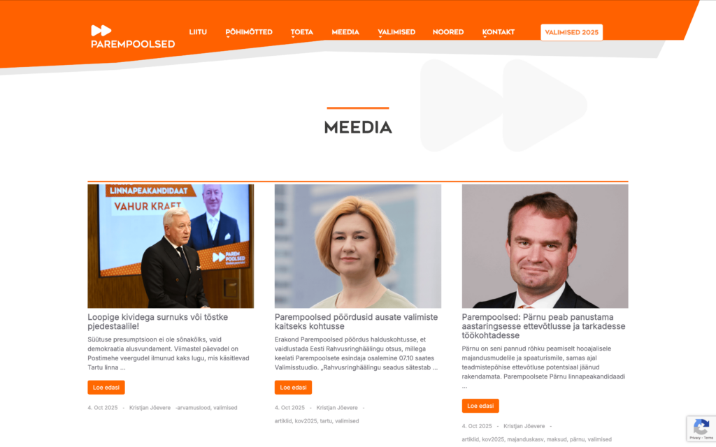 Ekraanipilt Parempoolsete veebilehelt, kus on avatud "Meedia" alamleht. Sealt leiab nimekirja uudistest.