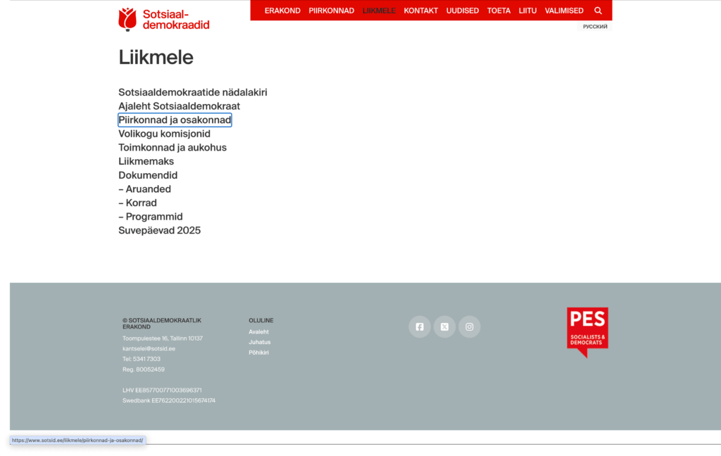 Ekraanipildil Sotsiaaldemokraatide veebilehel asuv “Liikmele” alamleht, kus on nimekiri linkidest ning link “Piirkonnad ja osakonnad” on fookuses.