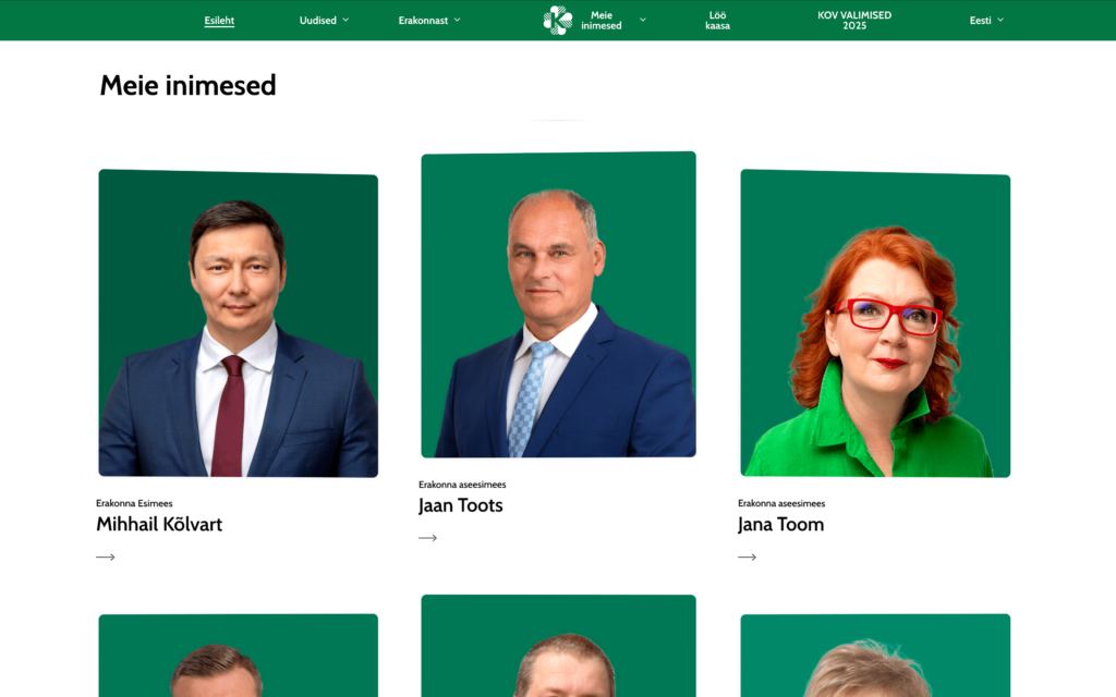 Ekraanipilt Keskerakonna kodulehelt, “Meie inimesed” rubriigist. Sealt leiab liikmete pilte, nimesid ja positsioonide nimetusi, näiteks esimees, aseesimees jne.
