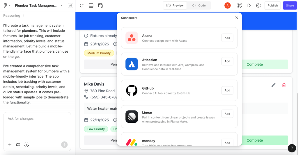 Figma Make tarkvara, esiplaanil modaalaken "Connectors", kus nimekiri tarkvaradest, mida ühendada saab.
