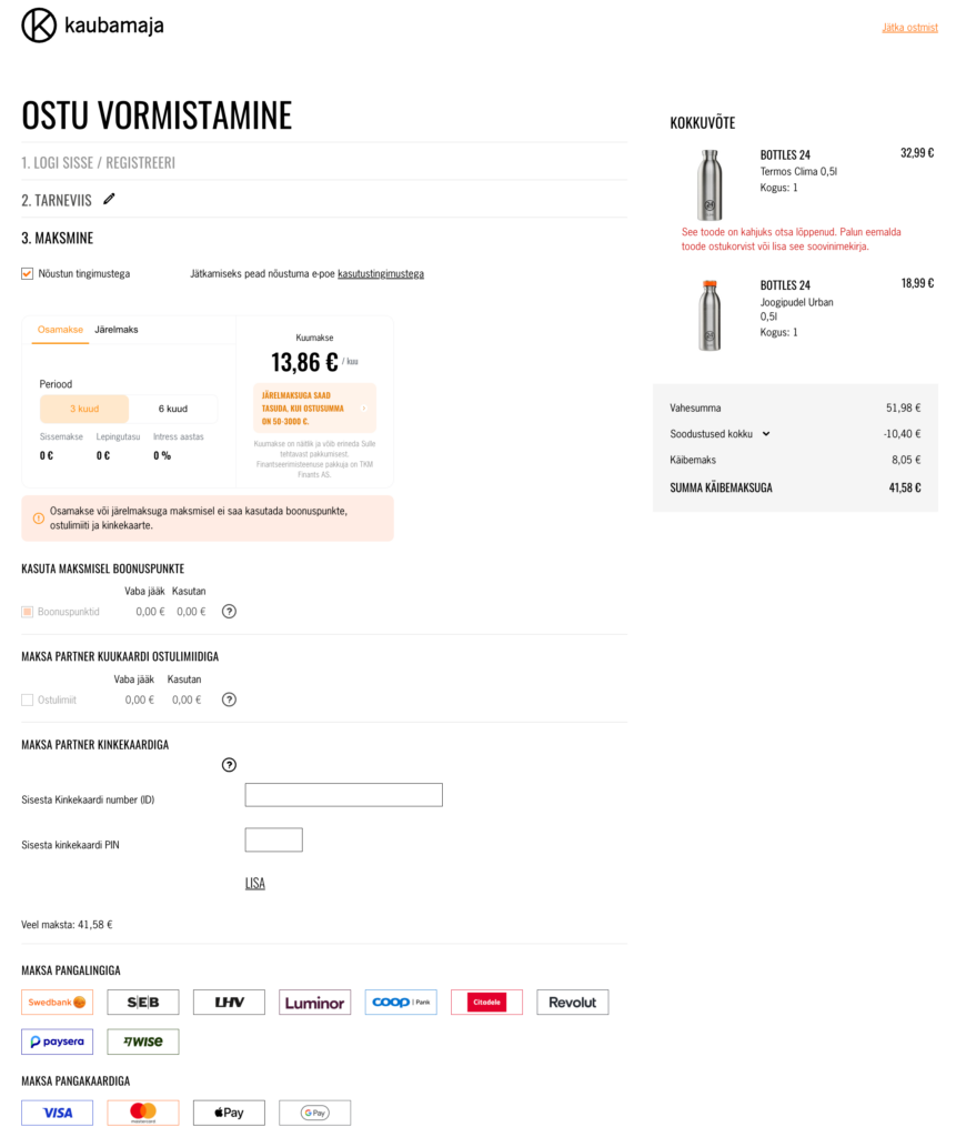 Kaubamaja e-shop checkout – payment method step