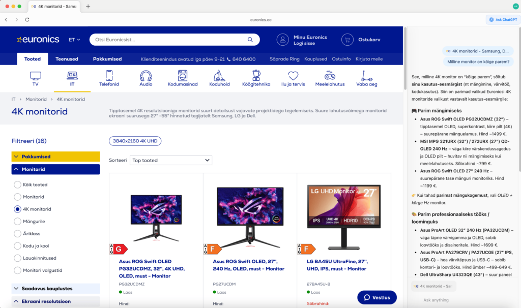Screenshot of the Atlas browser. On one side, the Euronics online store shows a selection of monitors, and on the other side there is a ChatGPT chat window integrated into Atlas.