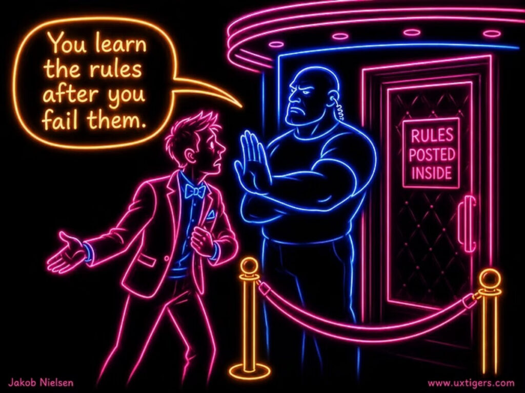 An illustration showing a user who only learns the rules after making a mistake.